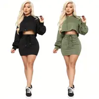 

11AF437 fashion solid crop hooded hoodie casual women clothing two piece short skirt set