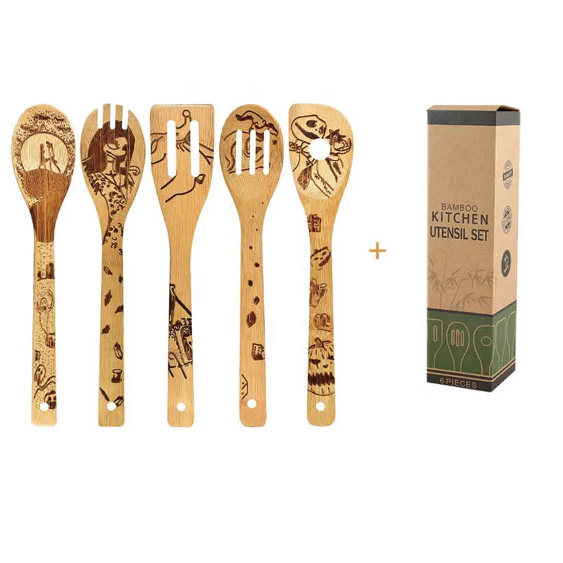 

Unique Pattern Burned Wooden Spoons Nightmare Kitchen Slotted Spoon House Warming Presents Bamboo Utensil Set