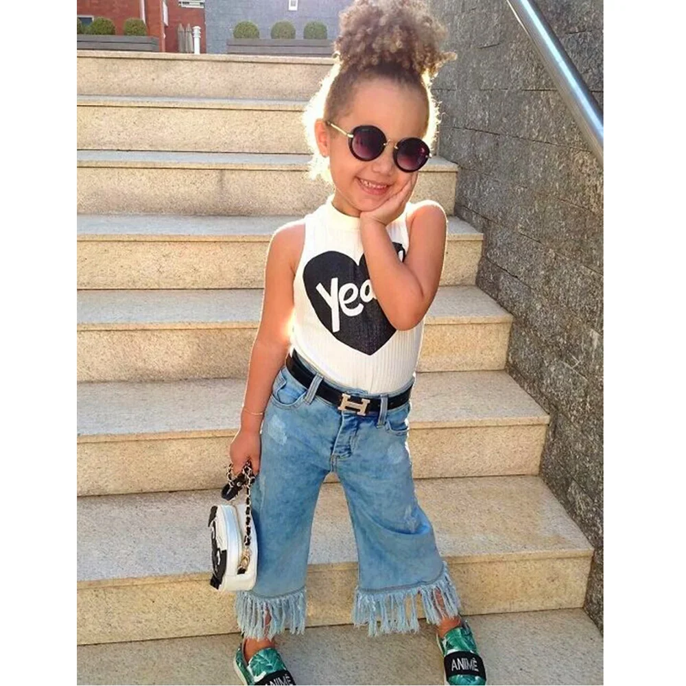 

Stylish Girls Suits Crew Neck White Tank Top and Jeans Fringed Boutique Outfit Baby Girl Clothes Sets