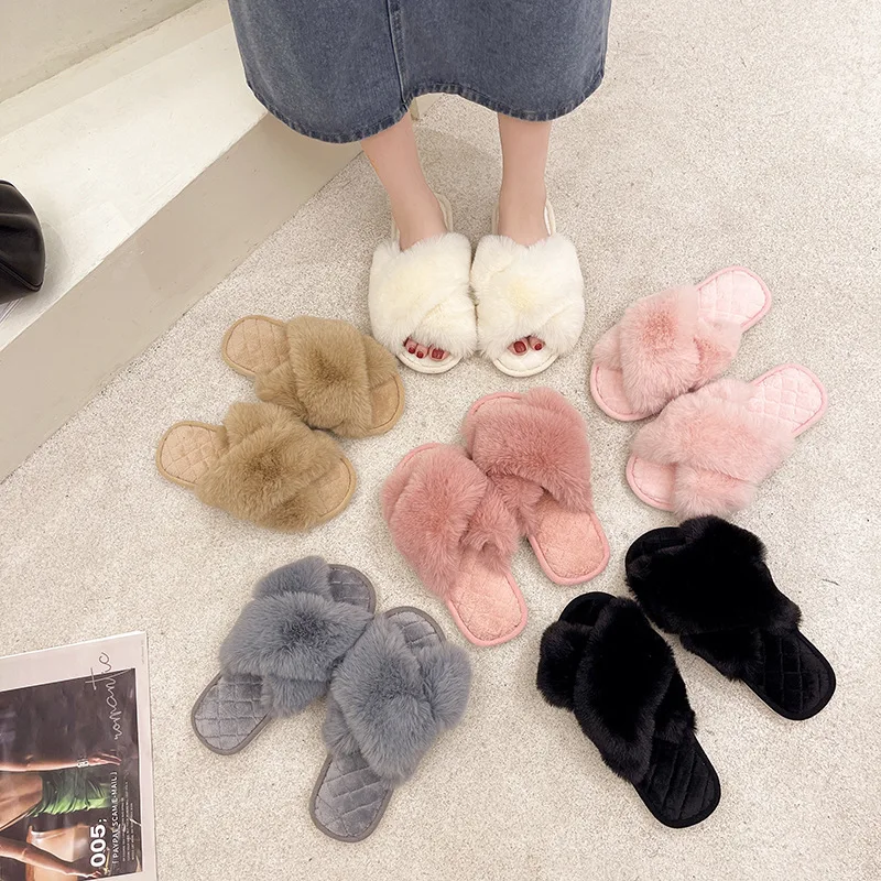 

Women's Cross Band Slippers Soft Plush Furry Cozy Open Toe House Shoes Indoor Outdoor Faux Rabbit Fur Warm Comfy Slip On Slipper