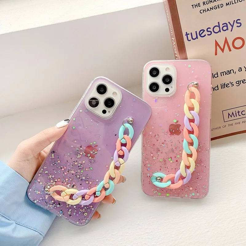 

glitter epoxy transparent bracelet chain strap phone case for iphone 11 12 pro max