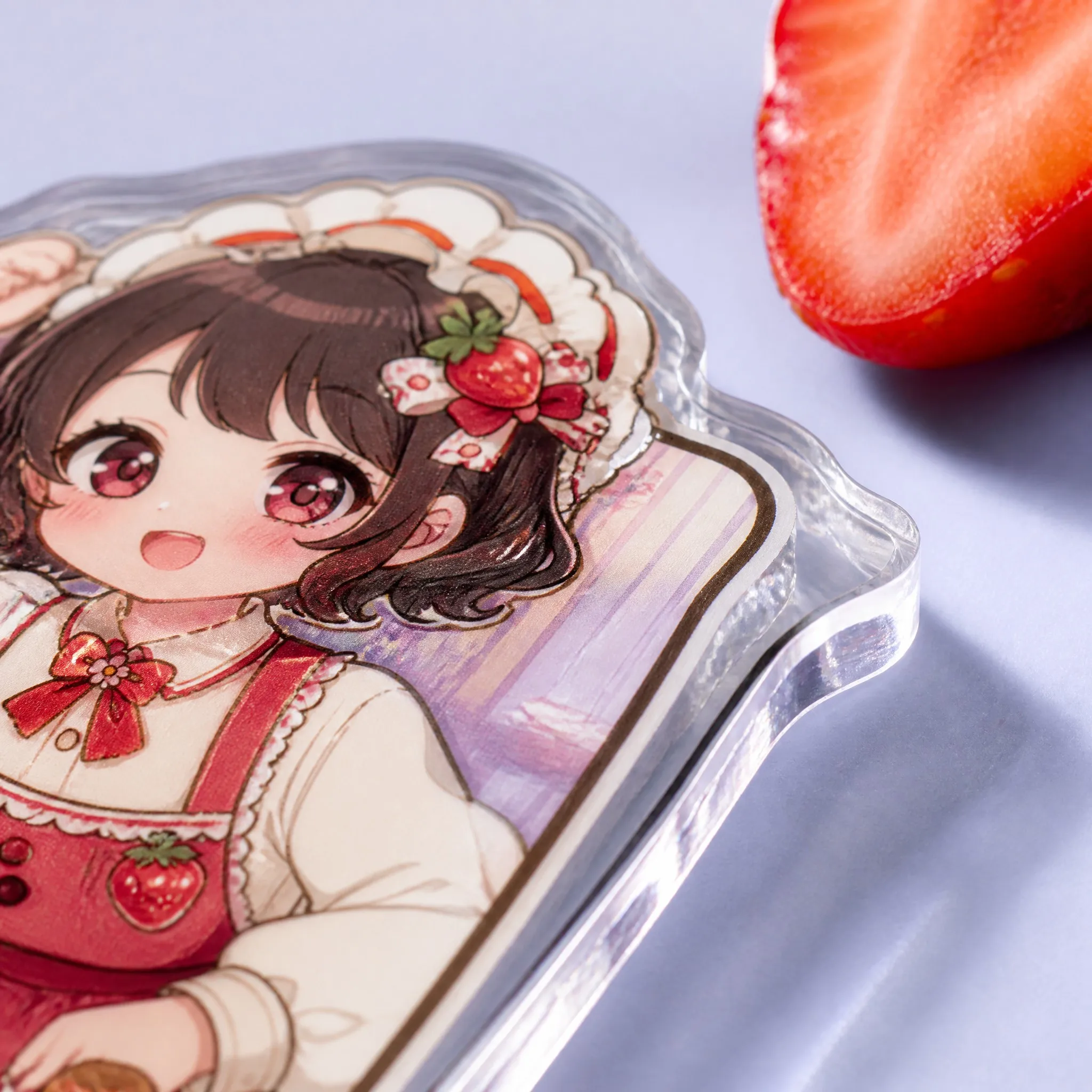 4K Macro Close-up of Diamond Polished Acrylic Edge, Transparent Bevel and Glossy Strawberry Maid UV Print