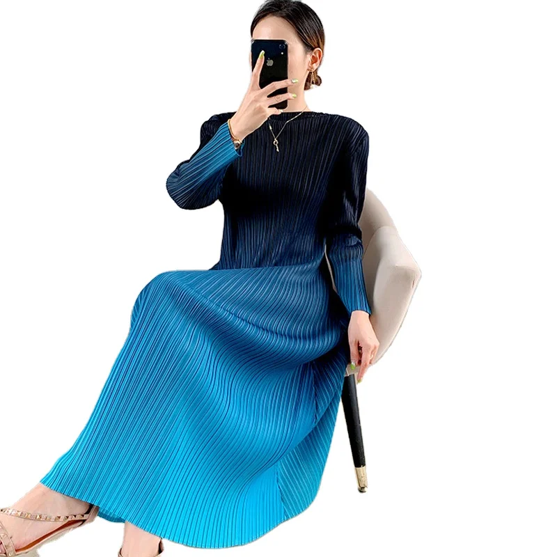 

FXZ 2021autumn new Miyake pleated dress women loose plus size gradient color pleats please long skirt dress, Customized color