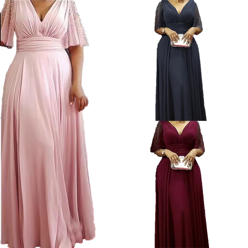 

C0301ME49 New Arrival Plus Size Solid Color Beaded Mesh Chiffon Pleated Dress Women