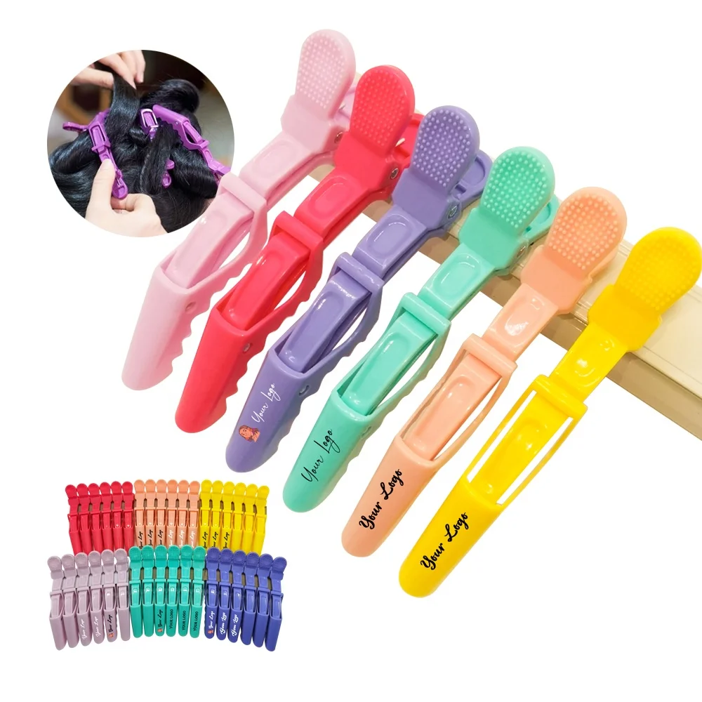 

Custom Print logo Colorful Hairdressing Clamps Claw Clip Professional Barber Salon Rubber Coating Alligator Hair Clips Grip
