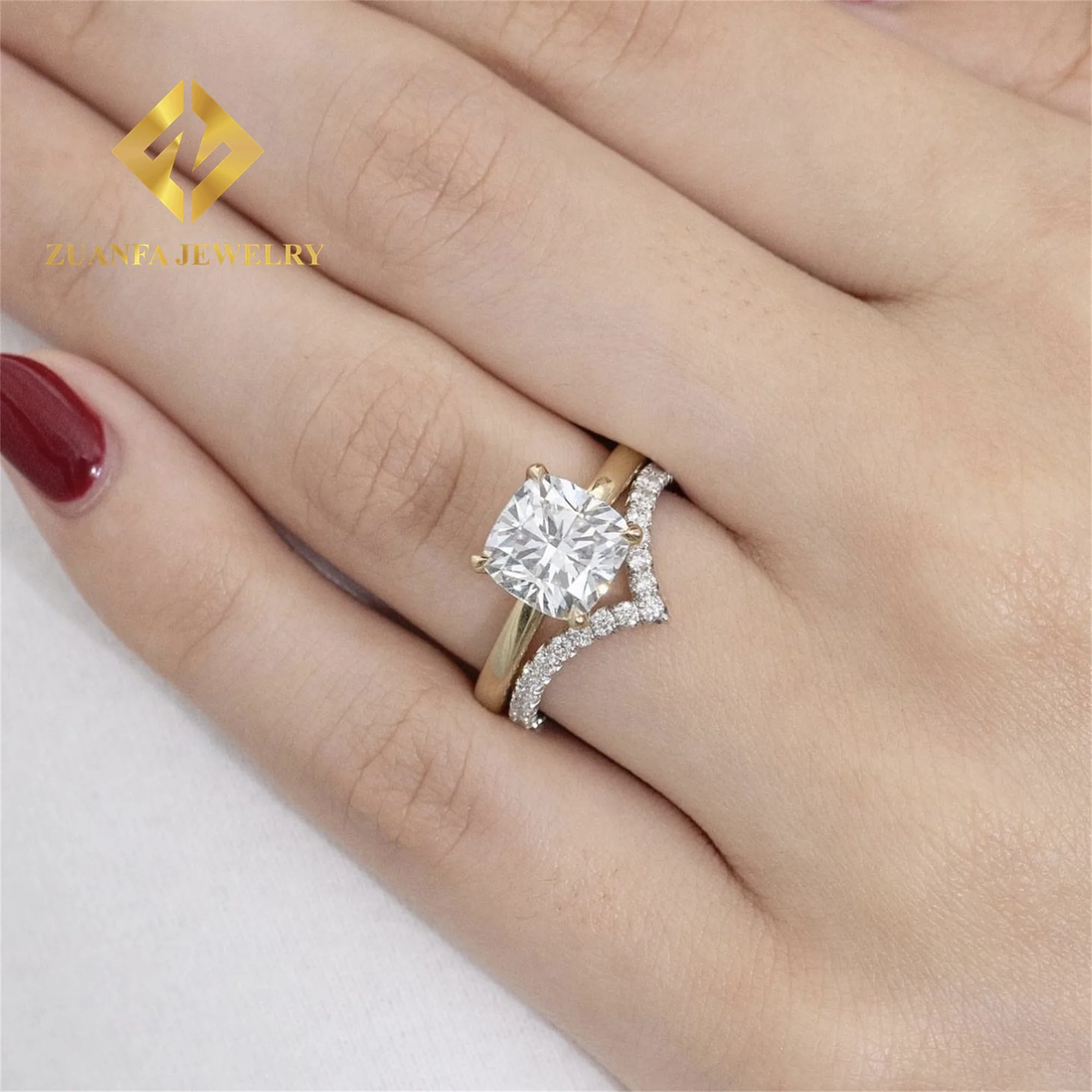 

14k Yellow Gold Royalty Sparkly Bridal Wedding Jewelry VVS1 1.5Ct Cushion Moissanite Diamond Engagement Stunning Band Ring