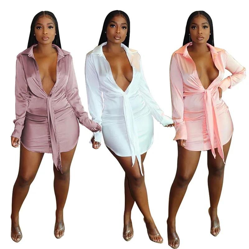 

Satin V-Neck Shirt Dress Women Autumn Long Sleeve Mini Dresses Elegant Ladies Party Vestidos, Custom pantone color