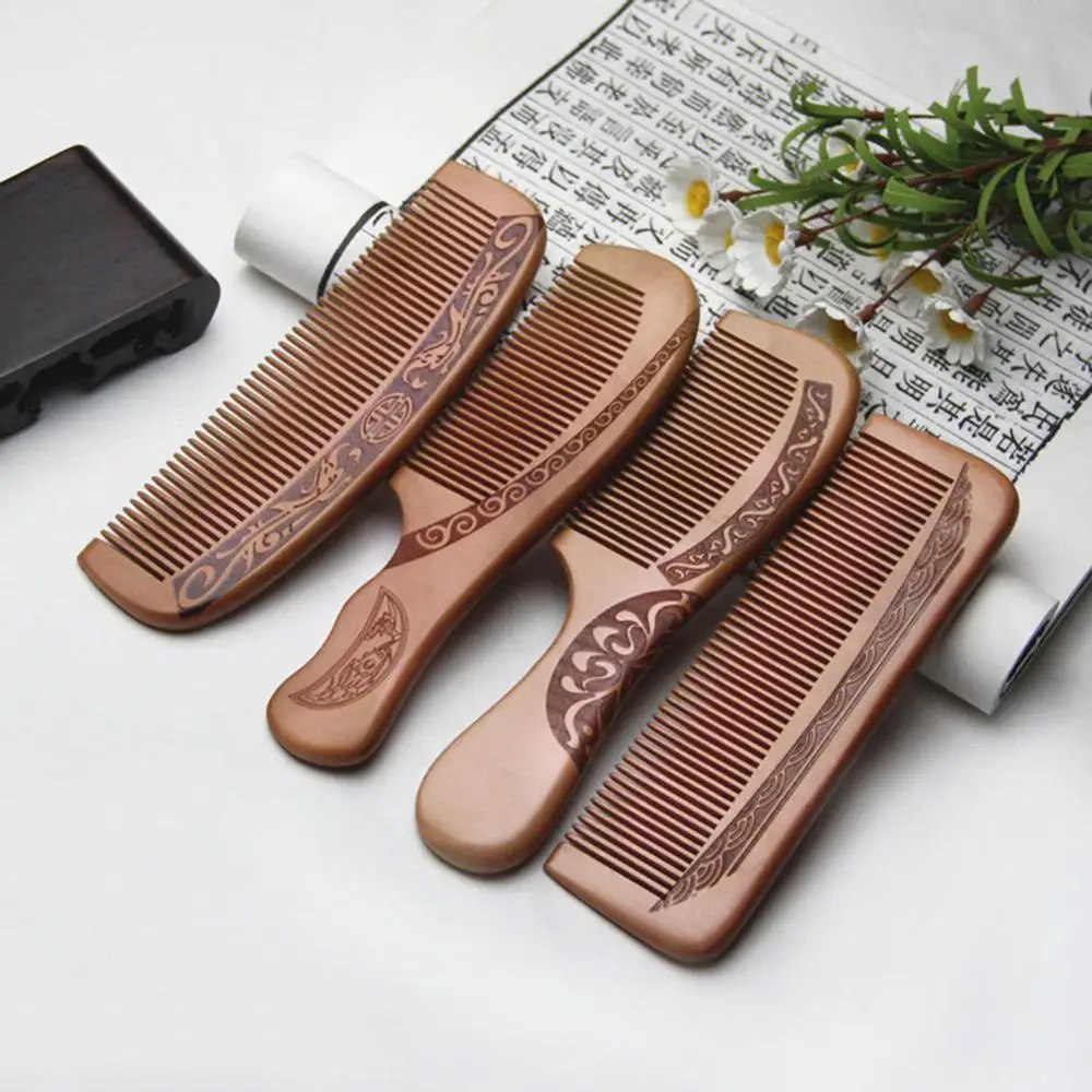 

1pc Natural Peach Wood Comb Close Teeth Anti-static Head Massage Hair Care Wooden Tools free shipping, Wooden color