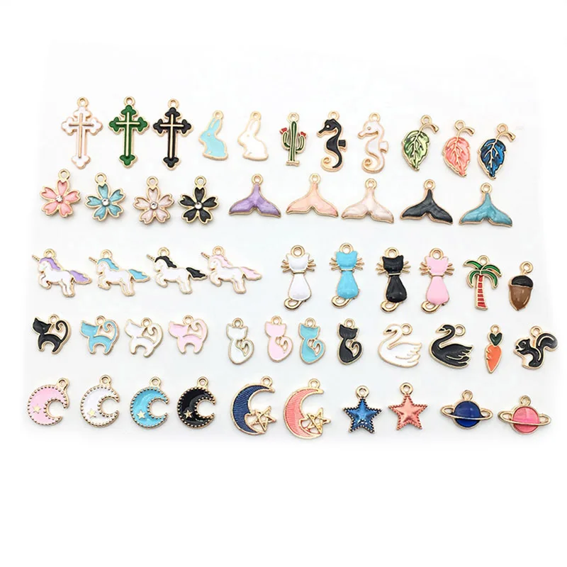 

50 Mixed drop oil charms tree Fishtail cat Moon enamel Alloy charms DIY bracelet necklace anklet jewelry accessories, Picture