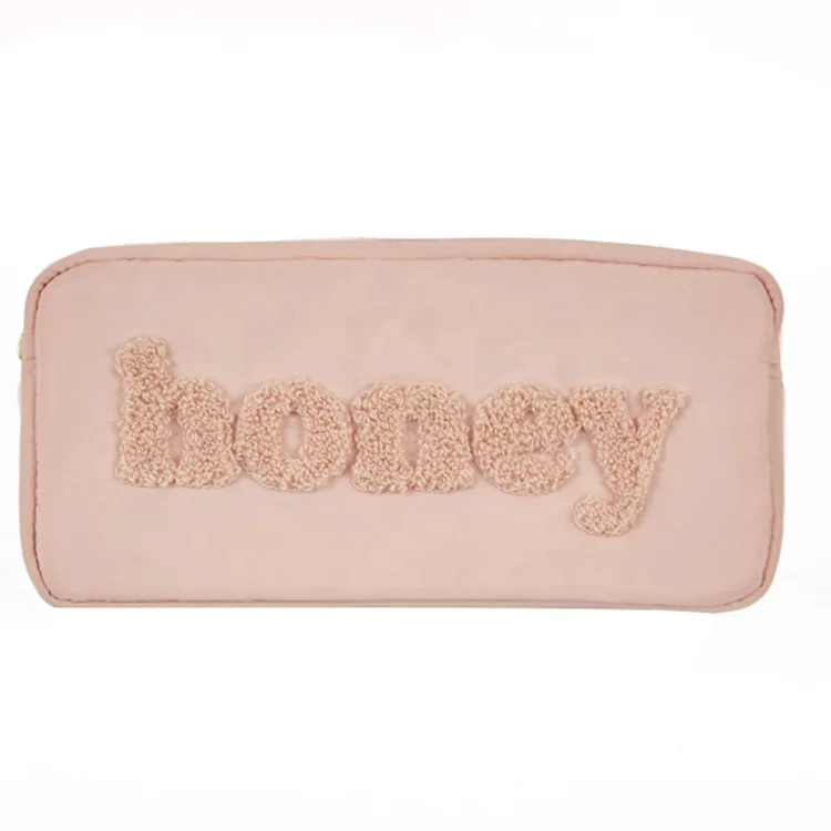 

Cosmetic Bag Custom Wholesale Women Lady Pink Polyester Cosmetic Bag with Letter Patches, Showed or custom cosmetic bag with letter patches