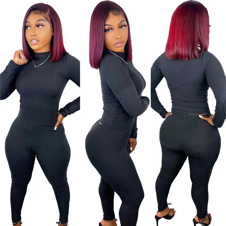 

Winter Women Sets Ribbed Full Sleeve Top Pants Suit Two Piece Set Solid Casual Fashion Tracksuits Fitness Outfits, As picture