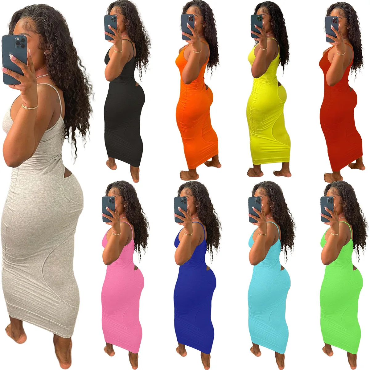 

LY9300 Zoom Life 2021 summer 9colors plus size 3xl women spaghetti strap casual cut out hollow out ladies maxi dresses