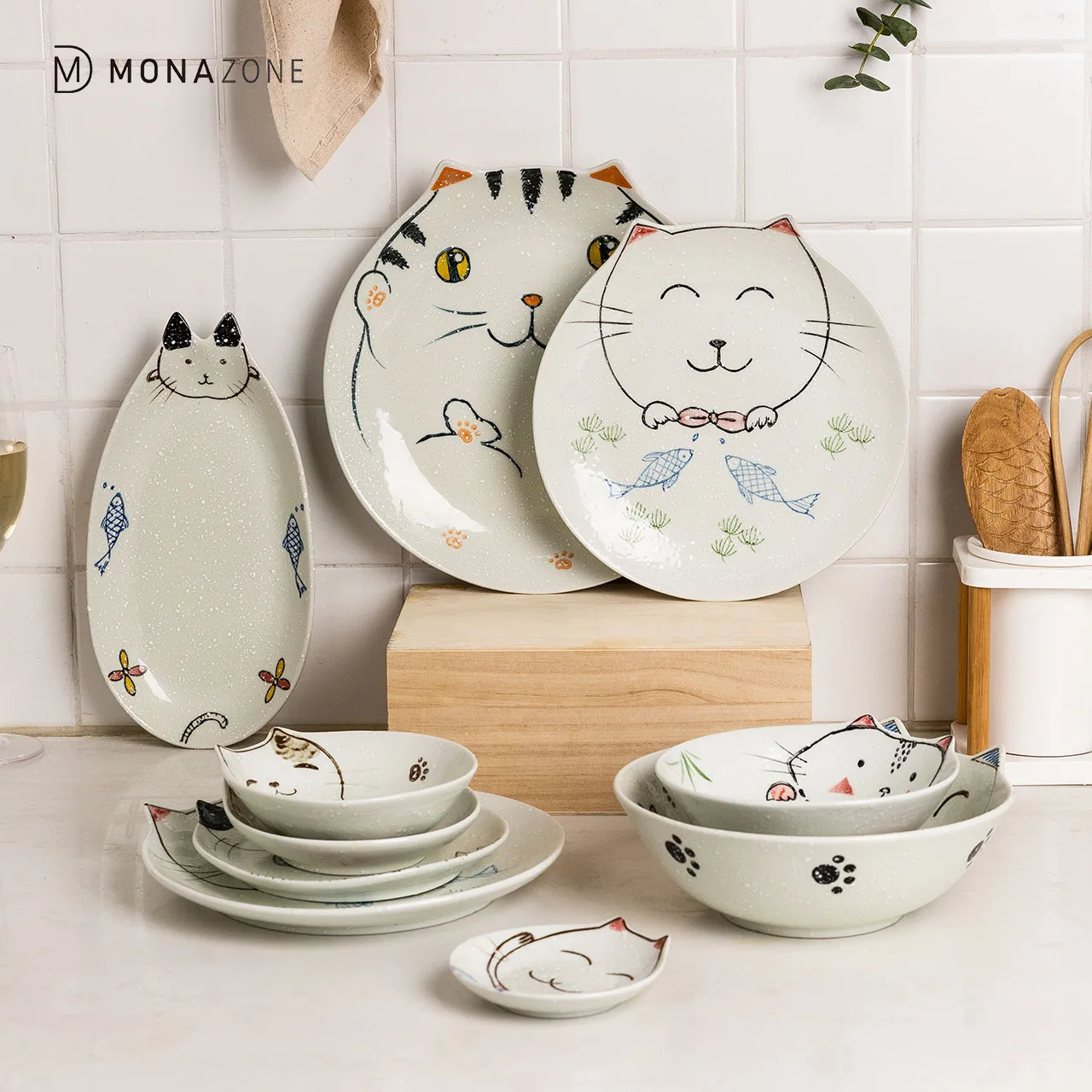 

MONAZONE Cartoon Cat Salad Plate Household Noodle Bowl Dinnerware Ceramic Cute Dinner Tableware Set