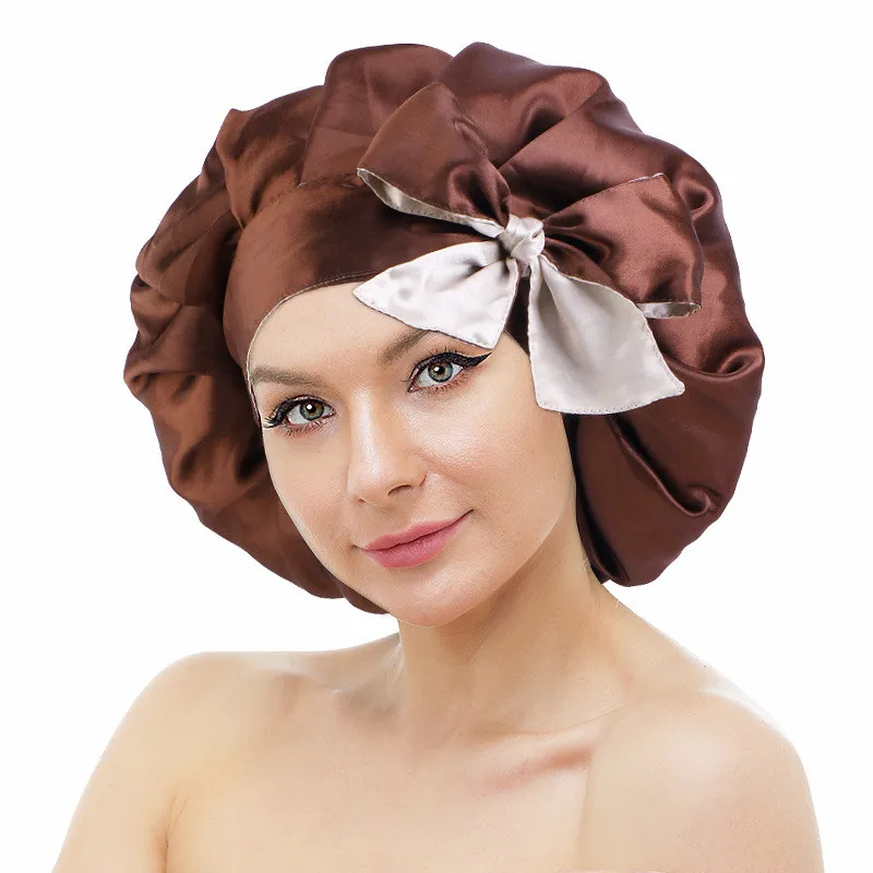 

New Double Layer Solid Women Silky Satin Wide Band Tied Bonnet Hair Cover Sleep Cap Long Hair Bonnet with Tie Wrap