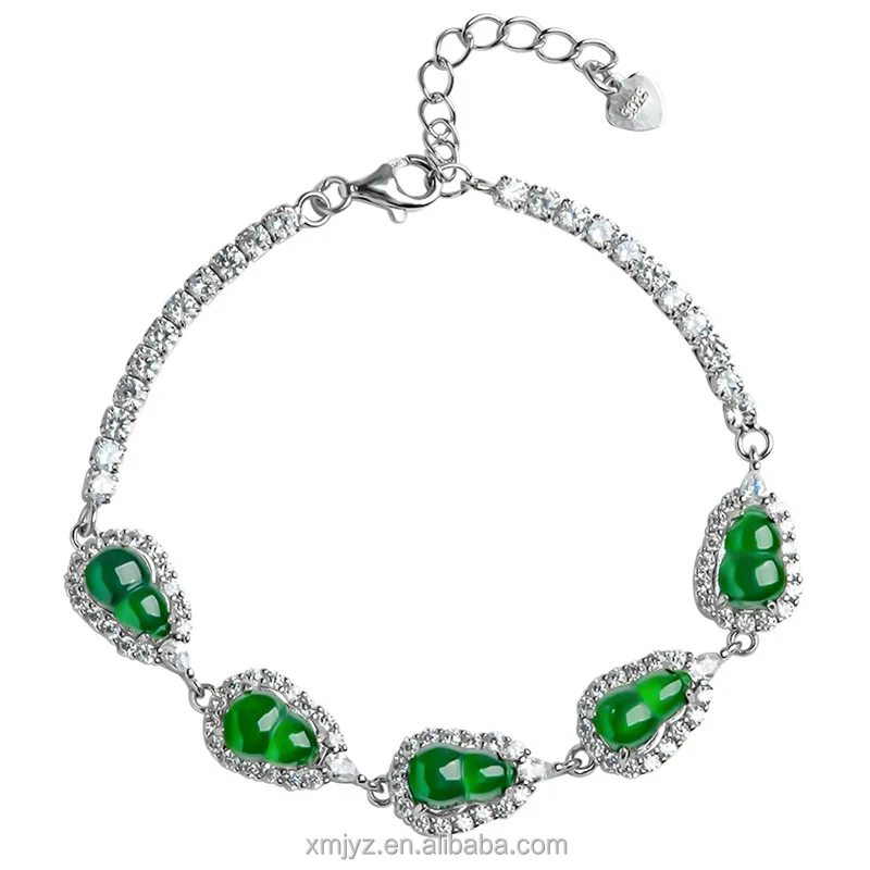 

Certified Grade A Natural Jade Green Gourd Bracelet Ice Jade Stone S925 Silver Inlay Women's Fashion High-End Ornament Wholesale
