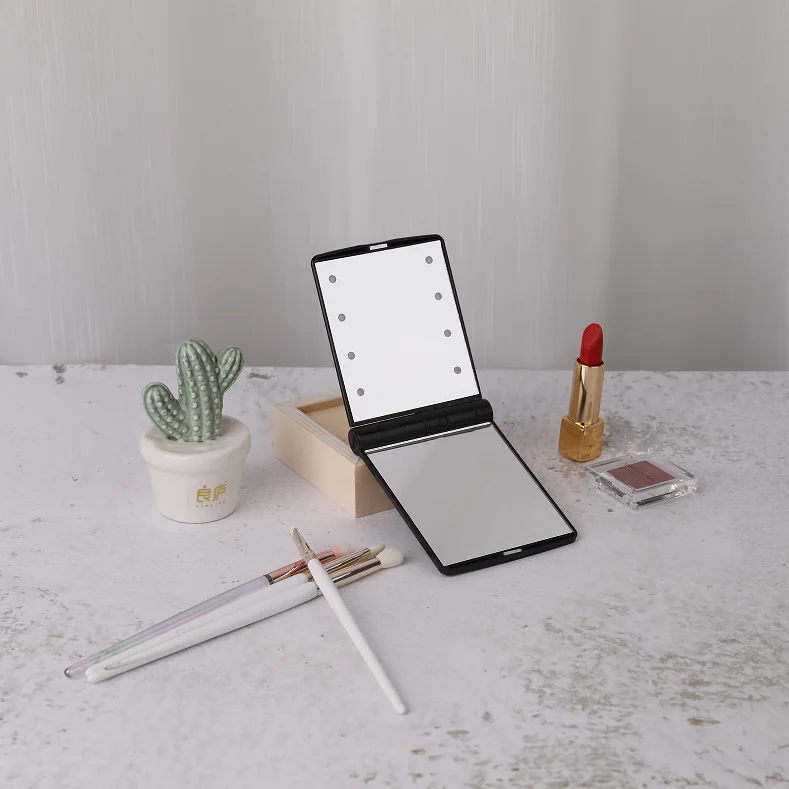 

8 LED Lights Lamps custom Logo pocket travel folding portable mini hand vanity makeup LED light mirror, Black