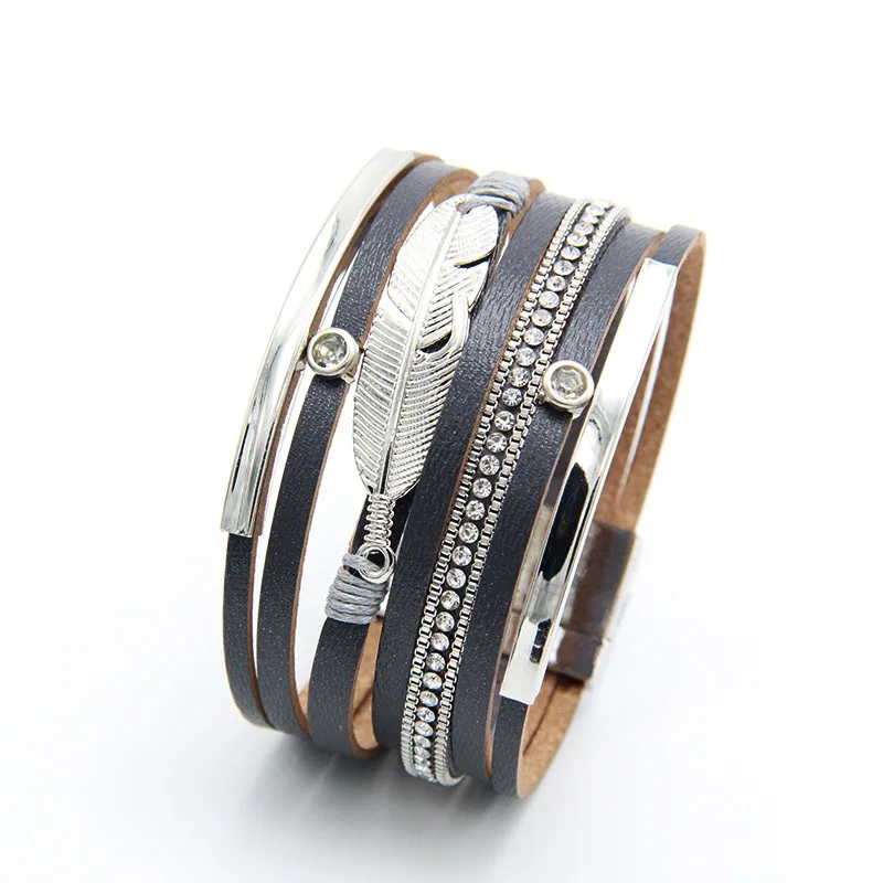 

Boho Genuine Leather Feather Wrap Surfer Friendship Wristband Bracelet Magnetic Buckle Multilayers Leather Bracelet