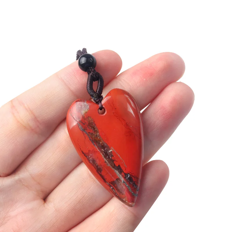 

High Quality 40mm Long Heart Pendant Necklace Rose Quartz Blue Spot Red Jasper Charm Natural Stone Necklace