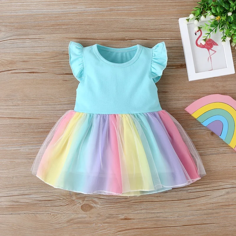 

New Summer Baby Girls Tutu Dress Children Party Little Girl Kids Clothes Flying Sleeve Princess Rainbow Patchwork Outfits Dress