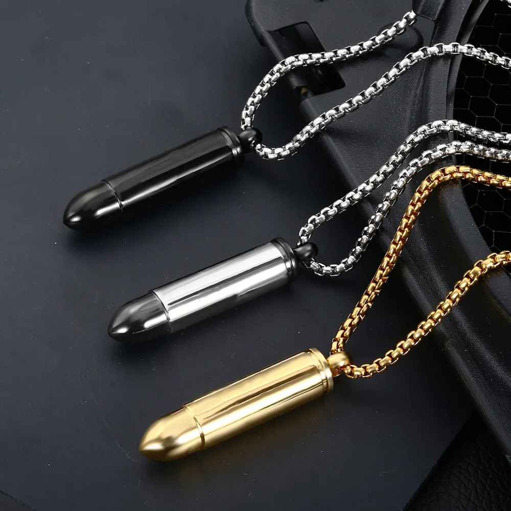 

Cylindrical Bullet Shape Pendant Necklaces Lettering Stainless Steel Long Strip Bullet Necklaces