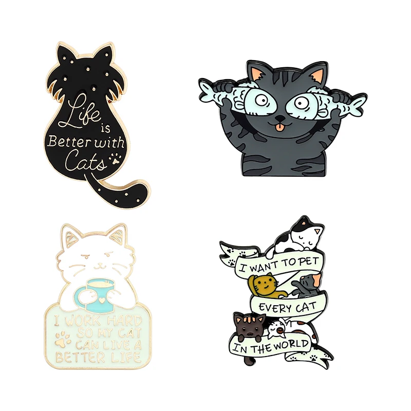 

Creative Funny Cartoon Cats Enamel Pins Colors Cute Popular Fish Tea Small Cats Jewelry Teen Girls Gift Animals Party, White