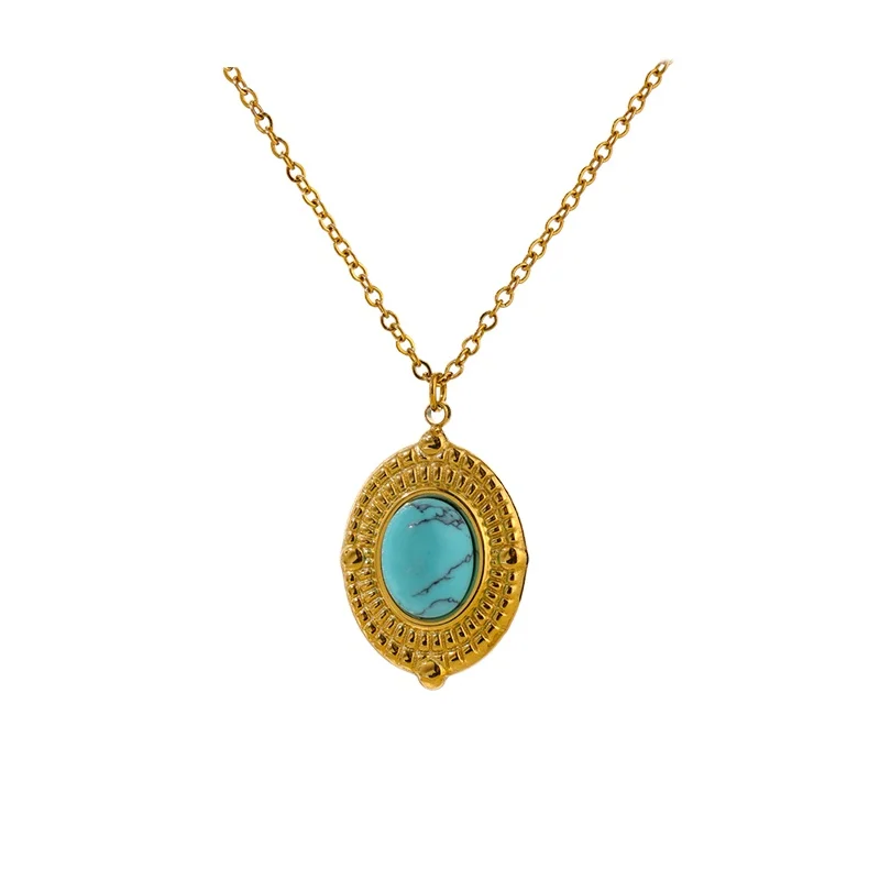 

JINYOU 1941 Fashion France Vintage Charm Stainless Steel Natural Stone Turquoise Pendant Necklace Women