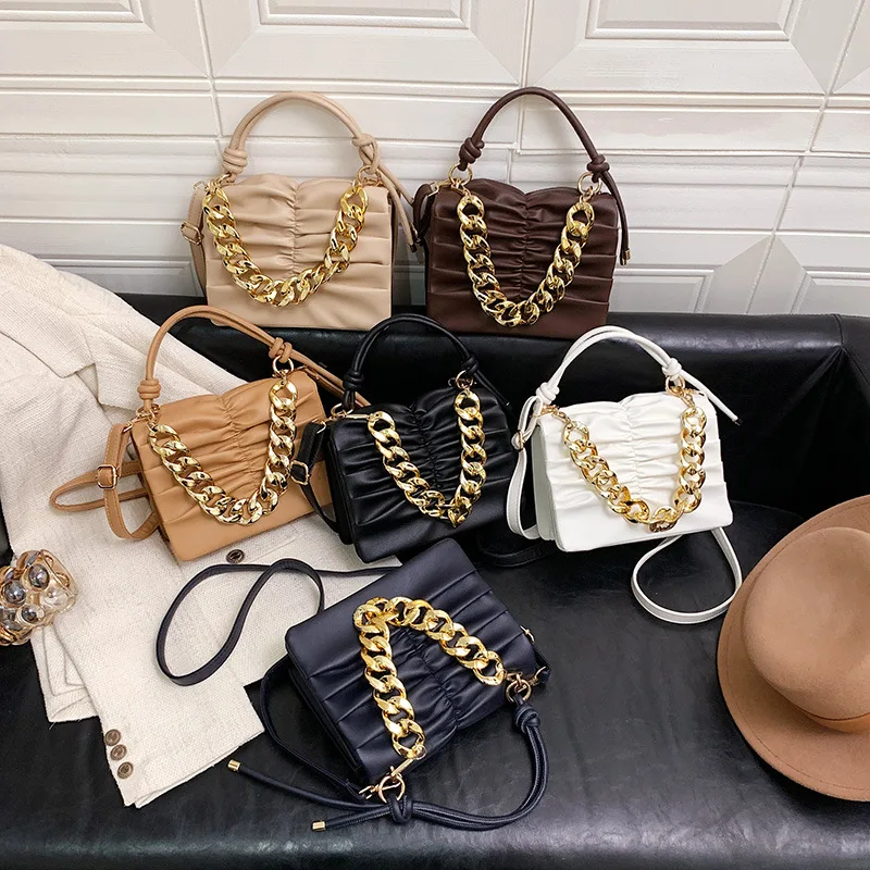 

2022 Wholesale Pleated Pu Leather Designer Female Bags Women Hand Bag Ladies Shoulder Luxury Purse And Handbag With Big Chain