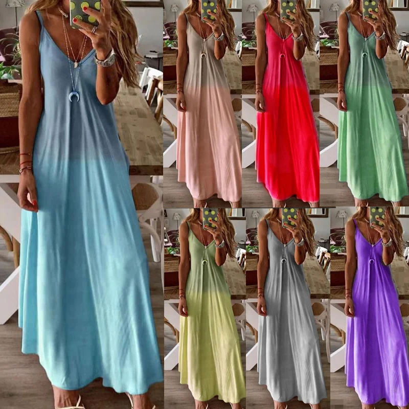 

2020 Women Casual Loose Strap Dress Colors Summer Sexy Boho Bow Camis Maxi Dress Plus Size Dresses Robe Femme, As picture