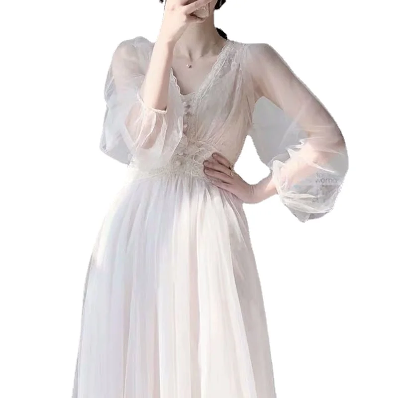 

Wholesale Spring Clothing Vintage Elegant Button Sweet Solid Prom Girls' Dress Puff Sleeve Lace Voile Mesh Women Wedding Dresses, Apricot