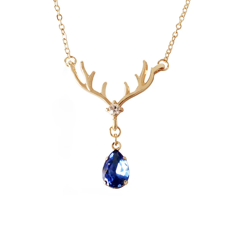 

Hot-selling style Elk Sen series diamond-studded small antlers water drop sapphire clavicle chain, Gold