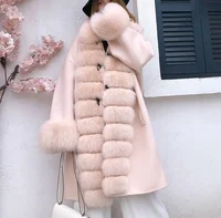 

2019 new winter lady long overcoat real fox fur handmade woolen jacket fur trimming shawl double side cashmere cape wool coat