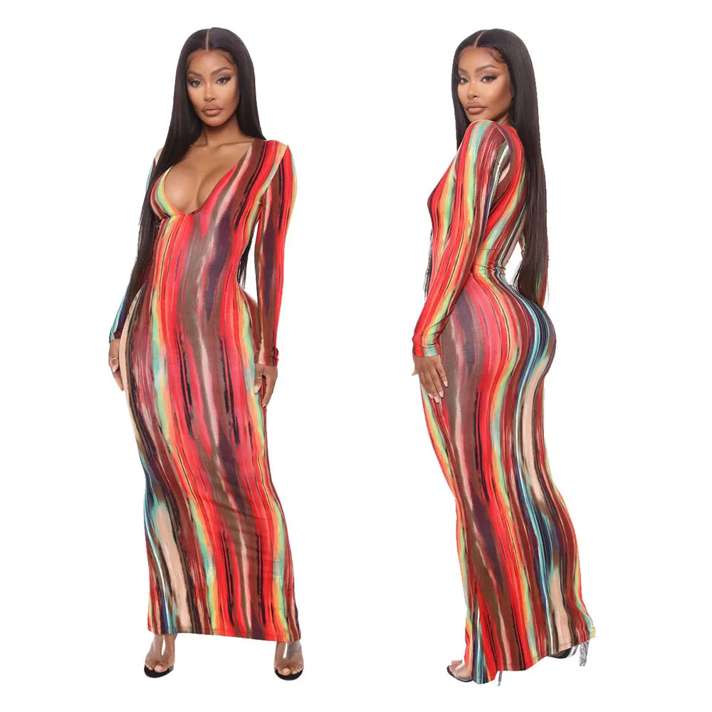 

Wholesale 2021 plus size spring red striped casual dresses long sleeve V-neck maxi bodycon dress for women, Photos show