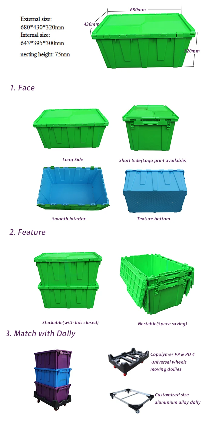 Join 75l Plastic Reusable Box Moving Crate Storage Tote Bin Attached