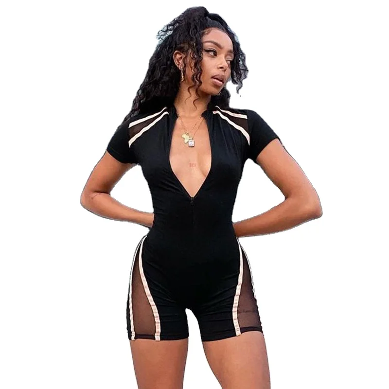 

Fashion Sexy See Through Mesh Neon Rompers Bodycon Jumpsuit Women Above Knee Breathable for Summer Sexy & Club Solid Pattern