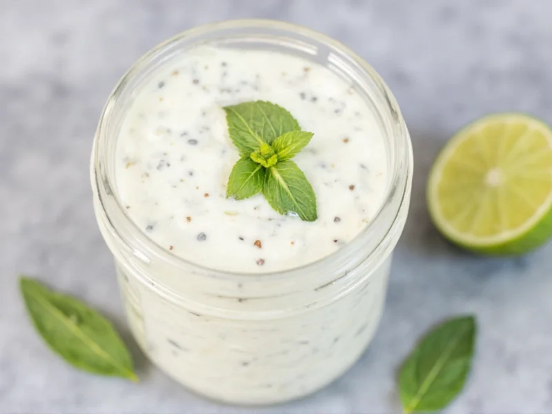 Glass jar storing homemade buttermilk ranch with fresh herb garnish