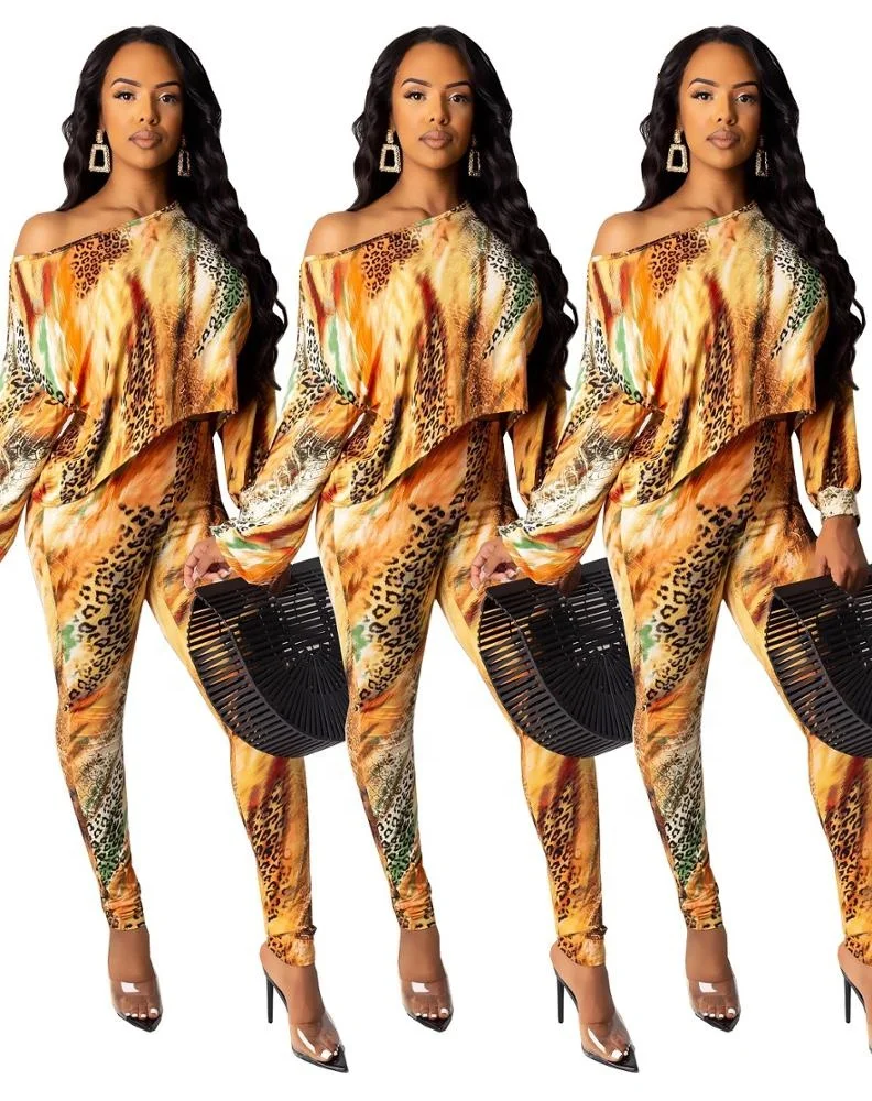 

B51185A Autumn new women fashion leopard printing sloping shoulder pants set, Show