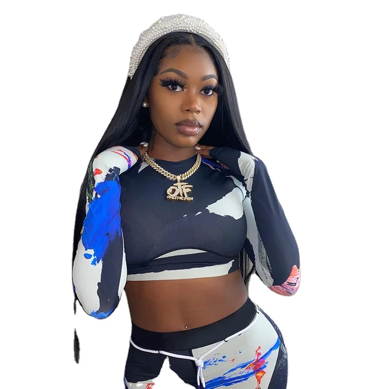 

X01289C women skinny patchwork tracksuit 2 piece outfits long sleeve crop top sporty leggings matching set casual fitness cloth, Black