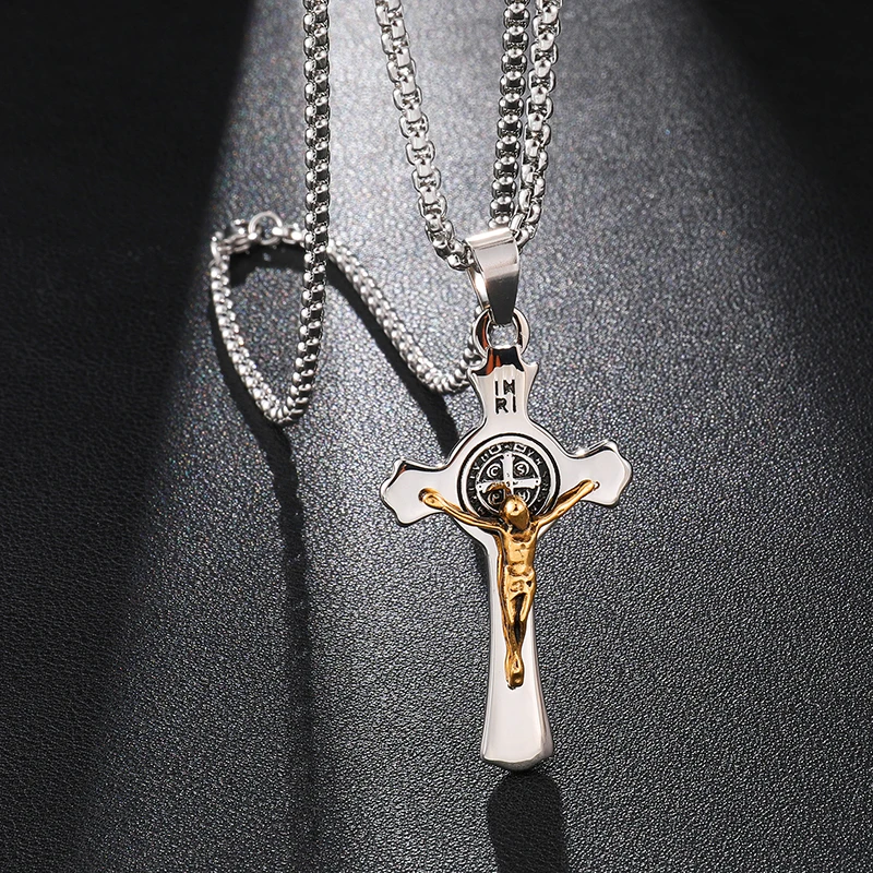 

MJ Jewelry Stainless Steel Catholic Jesus Cross Necklace Pendant, Gold,silver