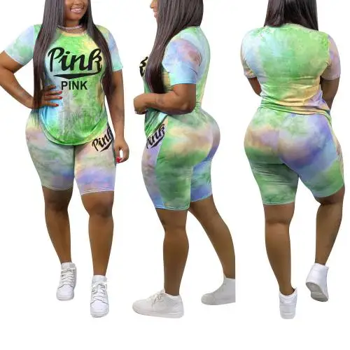 

Plus Size tie dye two piece set printed pink letter short & top