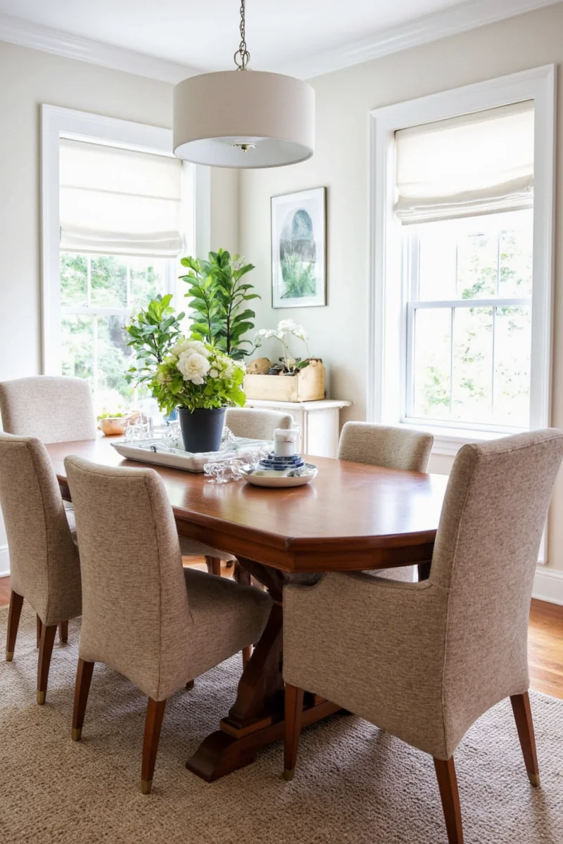Dining room pendant lights over a rustic wooden table
