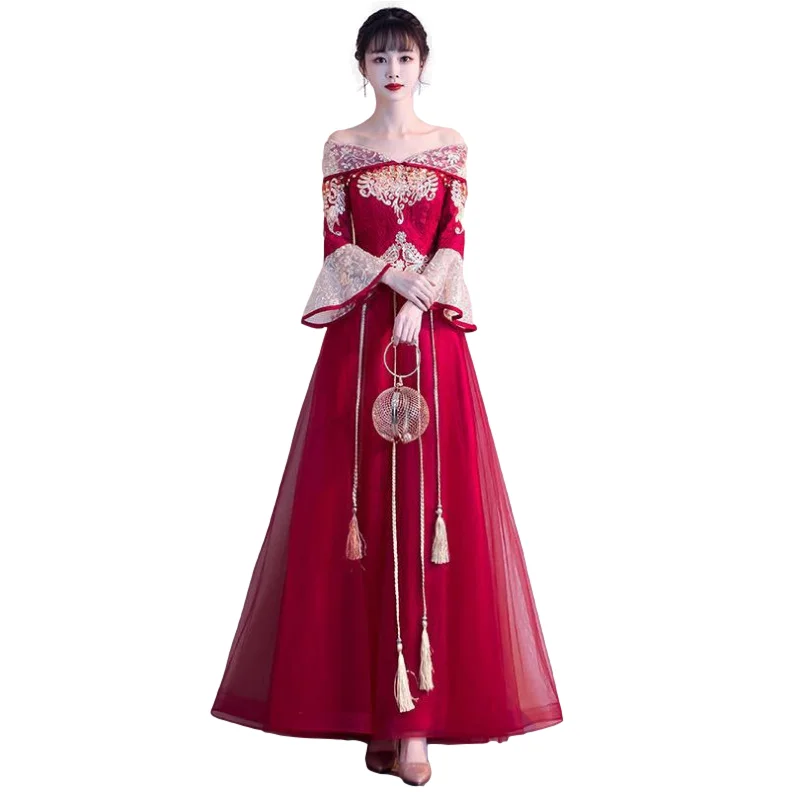 

New bride toast dress bridesmaid dress host long wine red temperament thin evening dress dragon and phoenix gown