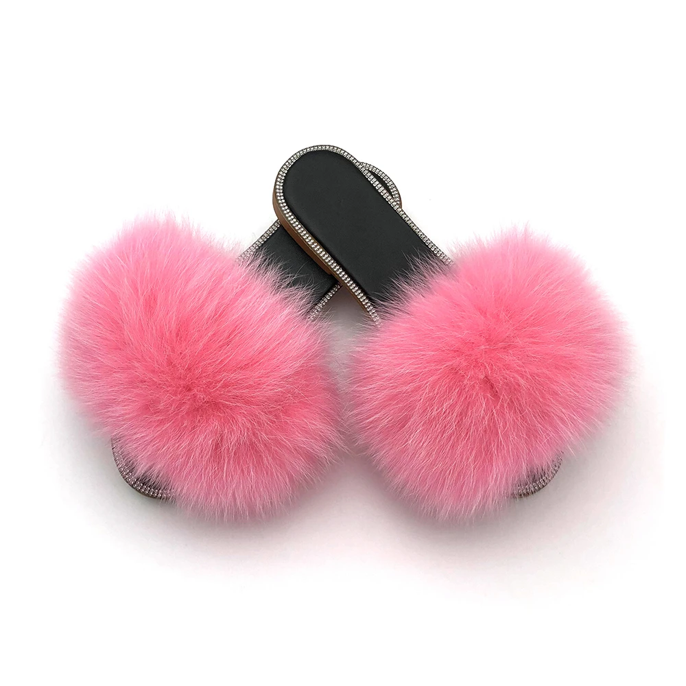 

Rhinestone sandals real fur furry women slippers 2021 ladies slipper woman shoe