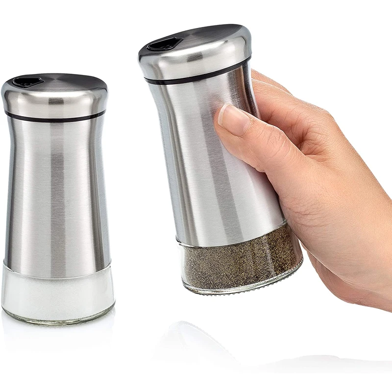 

Premium Salt and Pepper Shakers with Adjustable Pour Holes Elegant Stainless Steel Salt and Pepper Dispenser, Silver