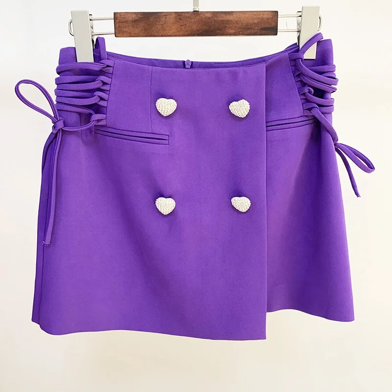 

OUDINA Unique Design Heart-shaped Diamond Button Beaded Bow Loose Sexy Girls Purple Skirts Women's Mini Skirt