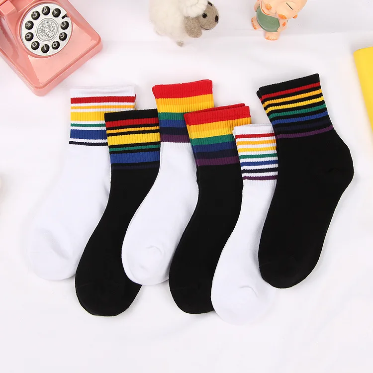 

Autumn new couple Socks Black and white Rainbow Stripe pure cotton knitted socks, Custom color