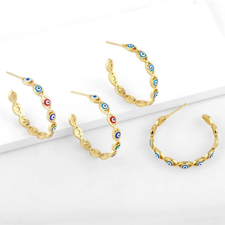 

EM1312 2022 Womans Fashion Gold Plated Rainbow Enamel Evil Eyes Charms Hoops Earrings for Women