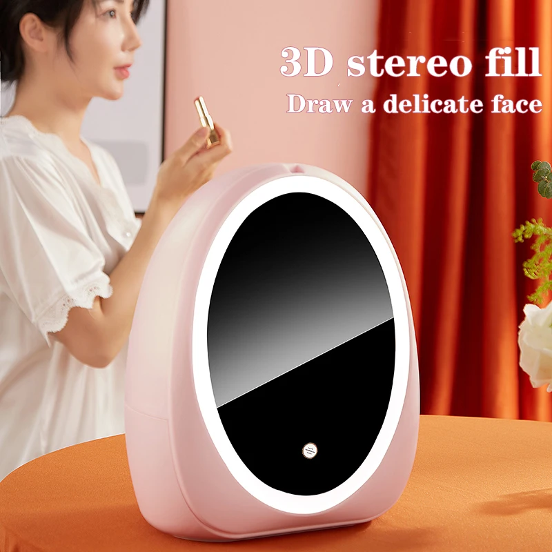 

Hot 360 degree rotating desktop cosmetic storage box with mirror Make up box with LED Layered dustproof and waterproof storage b, Ivory / smoky pink