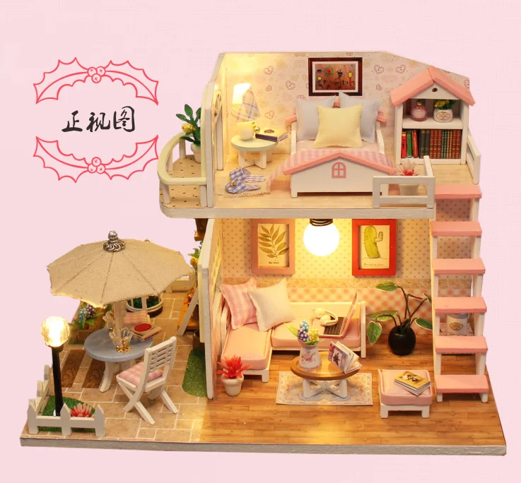 新款亚马逊热卖木制玩具粉色迷你娃娃屋木制粉色迷你别墅模型玩具木制