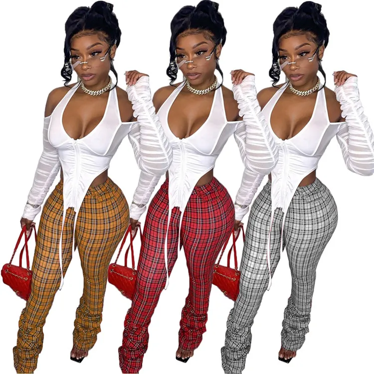 

New Arrival Casual Ladies Trousers Stacked Plaid Print Streetwear Plus Size Spring Women Long Pants, Picture shown