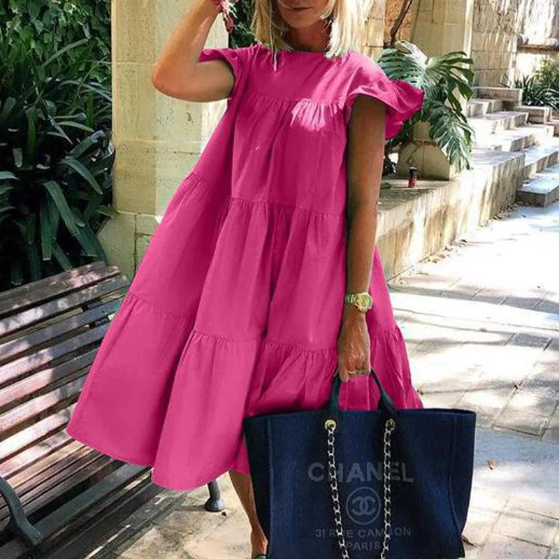 

2021 Wholesale Ladies Clothing Casual O-Neck Vintage Loose Maxi Cheap Plus Size Dresses Made In China, Pink